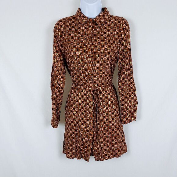 Julia Mini Shirtdress Womens S Brown Tie-Waist Geometric Retro 70s Bohemian - Picture 1 of 12